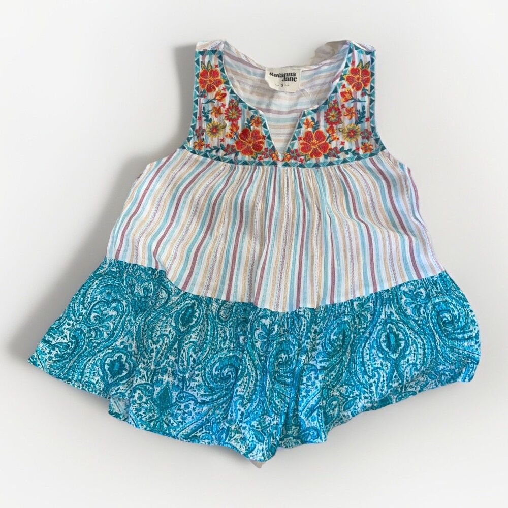 Savanna Jane Sleeveless Floral Yoke Tiered Boho Embroidered Top Blouse, Size S